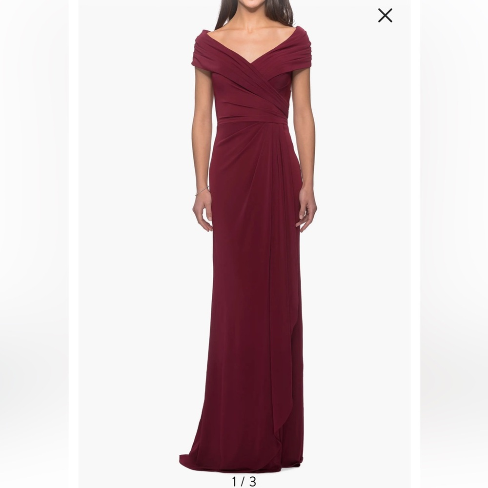 La Femme Ruched Jersey Long Gown with V-Neckline
